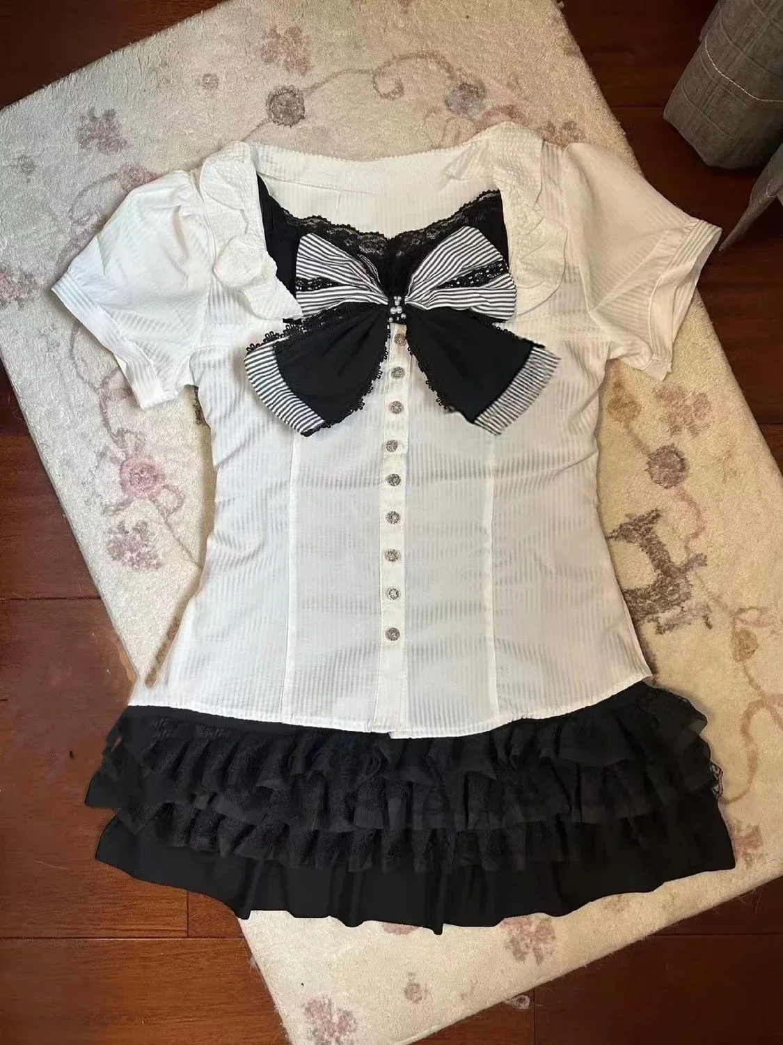 Hotsweet Girl Fashion Suit Y2k Retro Short Sleeve T Shirt Summer Crop Top Gothic Aesthetic Bow Top Women Sexy Sling Mini Skirt