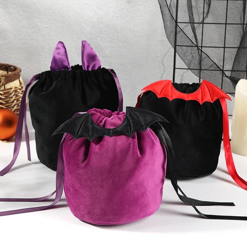 1pc Halloween Candy Bag Velvet Red Black Bat Ears Trick or Treat Candy Bags Packing Bags Dropshipping Gift Bags Party Handbag