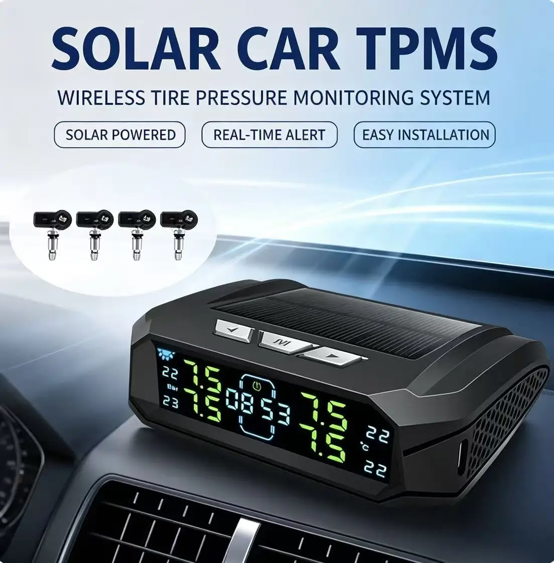 Wireless Solar TPMS Car Tire Pressure Monitor System Real‑Time Temperature Pressure Alarm with 4 Built‑in Tire Sensors