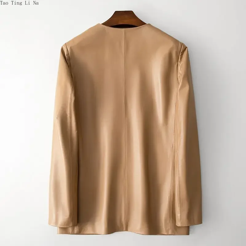 Manteau en cuir de mouton véritable pour femme, veste mi-longue à col en V, à la mode, H33, 2023