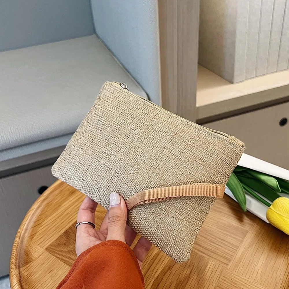 

Fashion Zipper Linen Women's Bags Solid Color Casual Ladies Wristlet Clutch Large Capacity Daily Card Bag Ladies