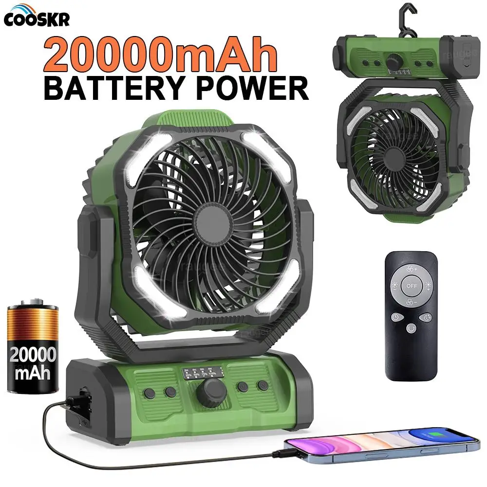 Wireless Camping Fan 20000mAh Rechargeable Battery Portable Fan Outdoor Camping Fan with LED Light Remote Control Electric Fan