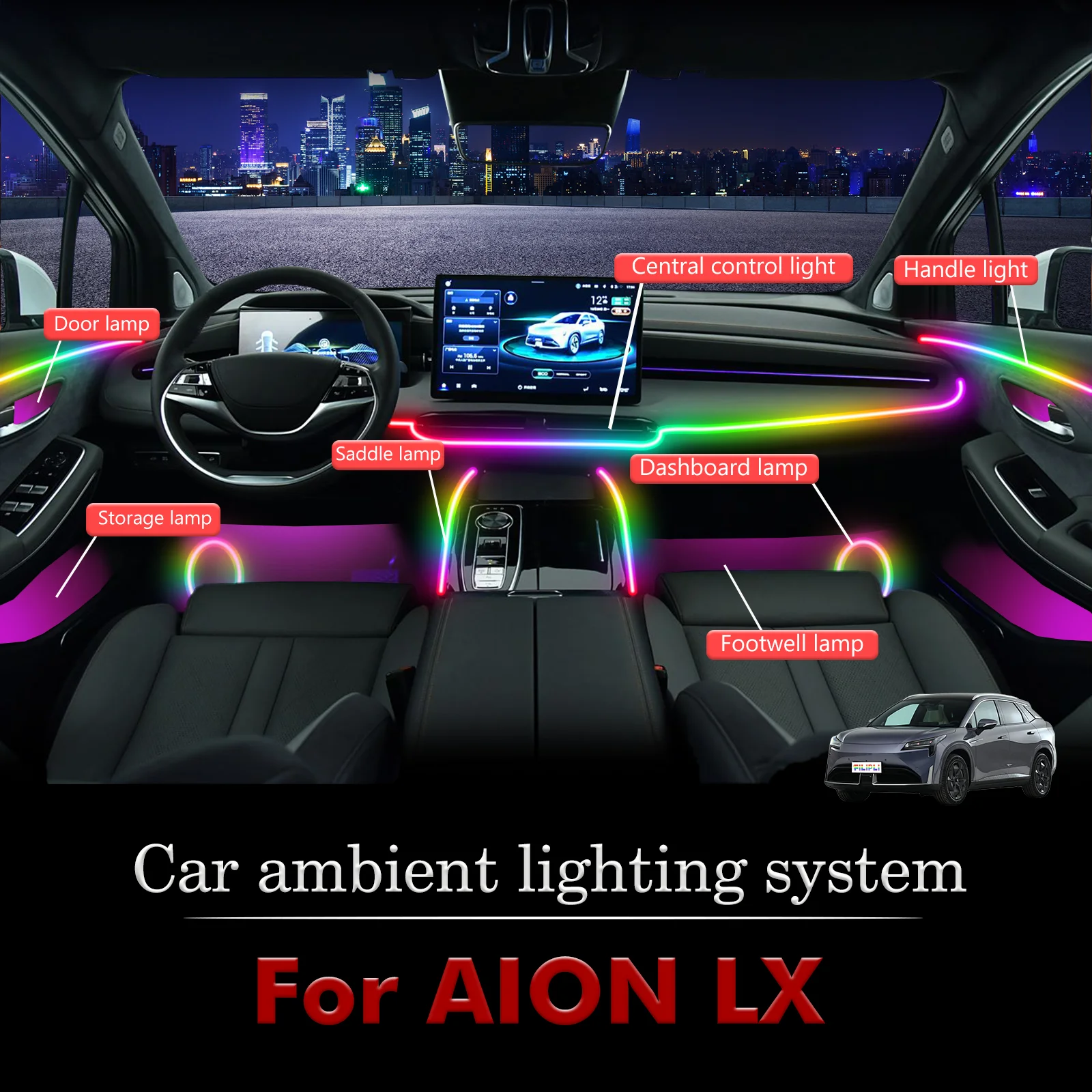 

For AION LX Car Interior Ambient Lamp Kit RGB 64-Color LED Smart Remote Control Energy Saving Efficient Lights