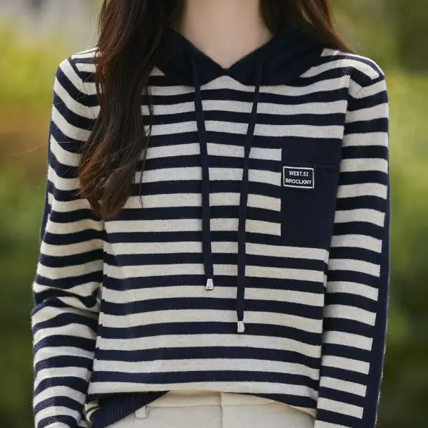 خريف شتاء جديد Sle الصوف محبوك قبعة سترة مخطط فضفاض طويل Sve سترة العصرية المرأة Faion محبوك