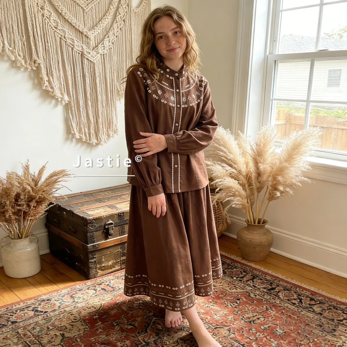 

Bohemian Vintage Brown Embroidered Women Sets Long Sleeve Blouse Midi Skirts Two Piece Set Retro Cottagecore Chic Outfits 2026