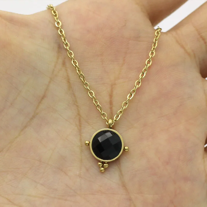 Natural Black Cuts Stone 14K Golden Vintage Necklace for Women Stainless Steel Gold-plated Star Pendant Female Chain Jewelry