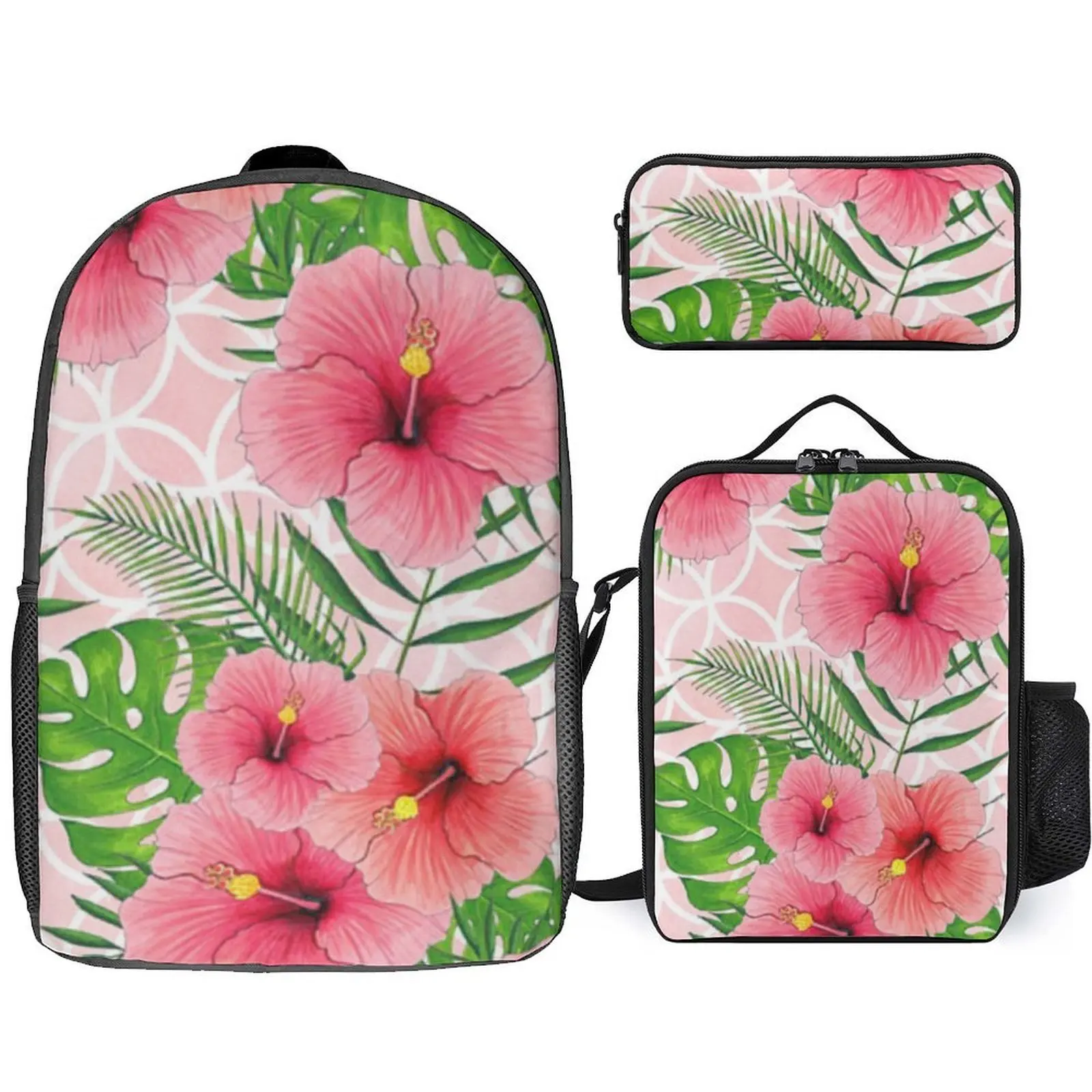 

Polynesian Schoolbag Portable Pen Case Set Flower Patterned Lunch Bag Custom Fashionable Flower Bag Large Capacity Student Schoo