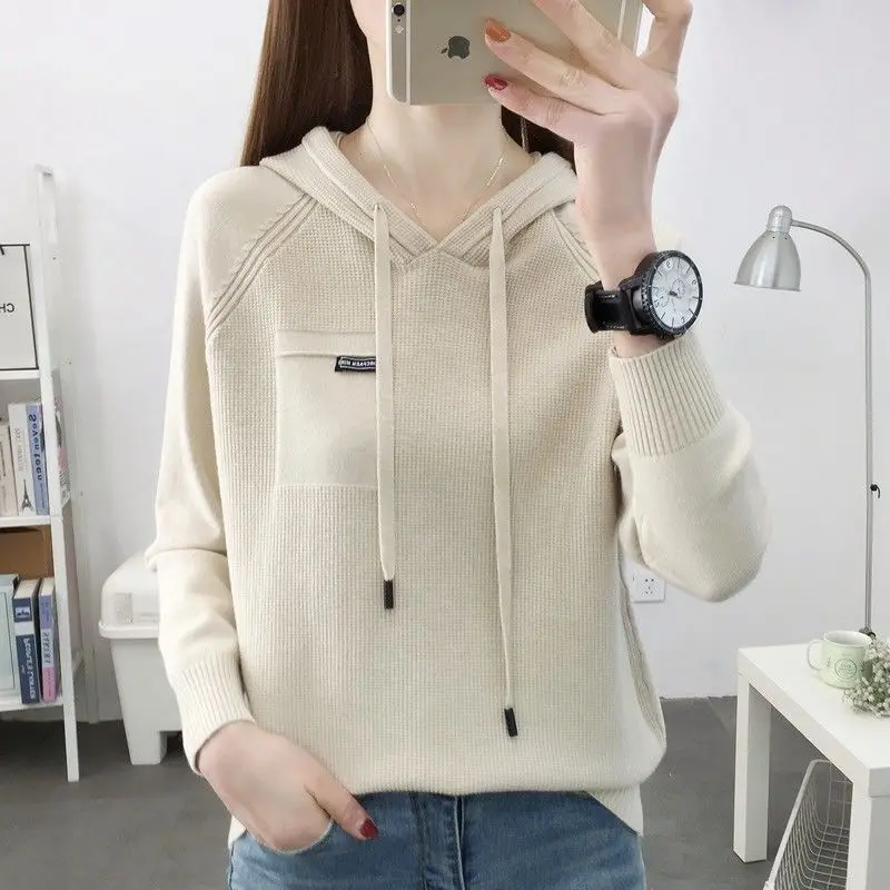 Autumn Pullover Sweater 2023 New Thin Knitwear Hooded Sweater Loose Long Sleeve Solid Pullover Sweater Coat Undercoat Women Top