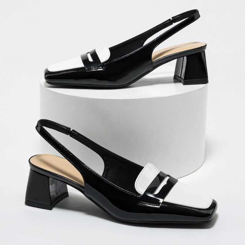 

Leather Low Heel Women Sandals British Style Square Toe Office Shoes Fashion Slingback Mules Elegant Chunky Heel Loafers Women