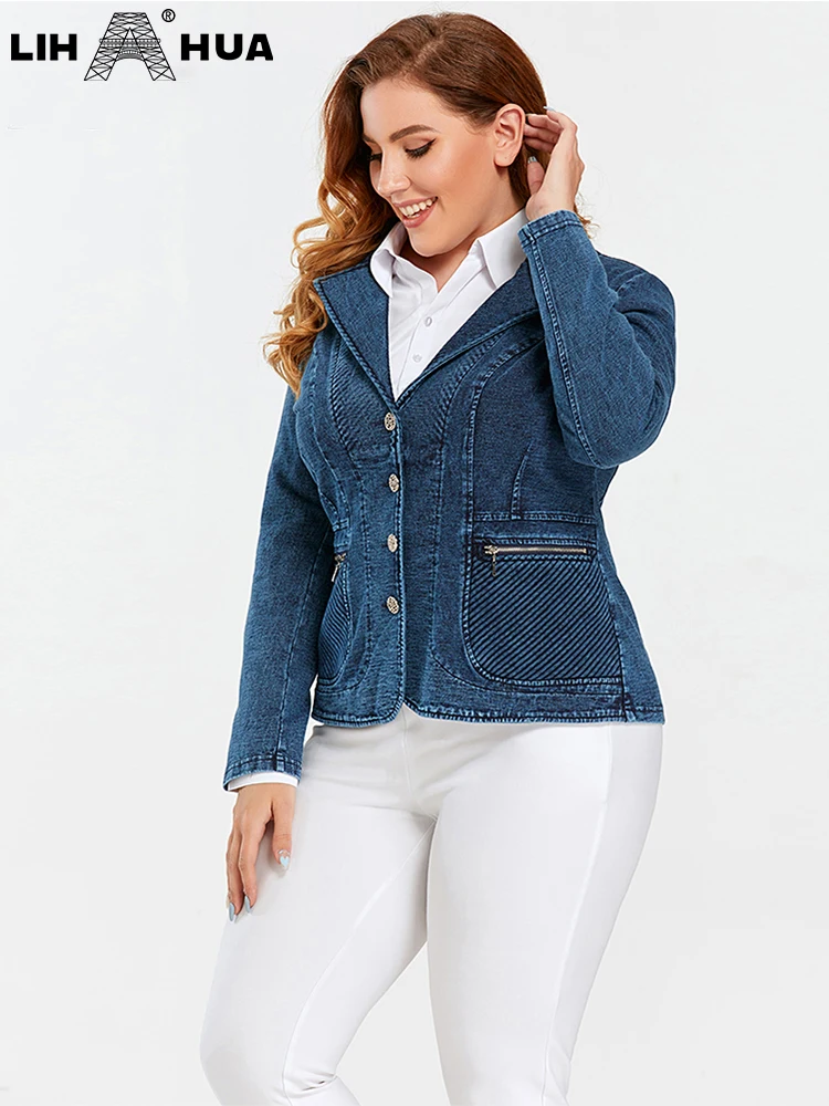 LIH HUA Women Plus Size Custom Denim Jacket Cotton Knit Jacket Fashion Cotton Knit Denim Jacket