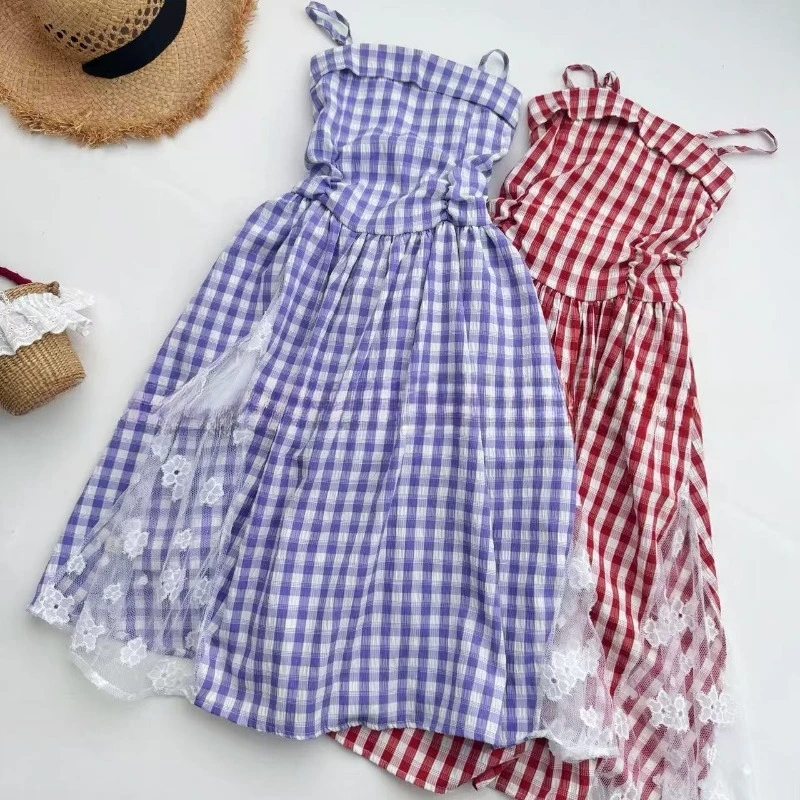 

Girls' Summer Plaid Camisole Dress 2025 New Casual Lace Patchwork Design Sense