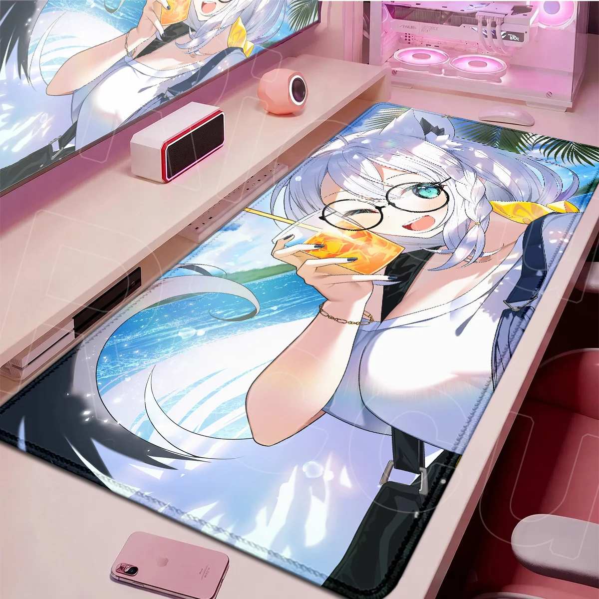 Laptop Kawaii Anime Girl Mauspad Rutschfest Hololive Shirakami Fubuki Mauspad Großes Computer Naturkautschuk Schreibtischteppich 90x40cm – Detail 1