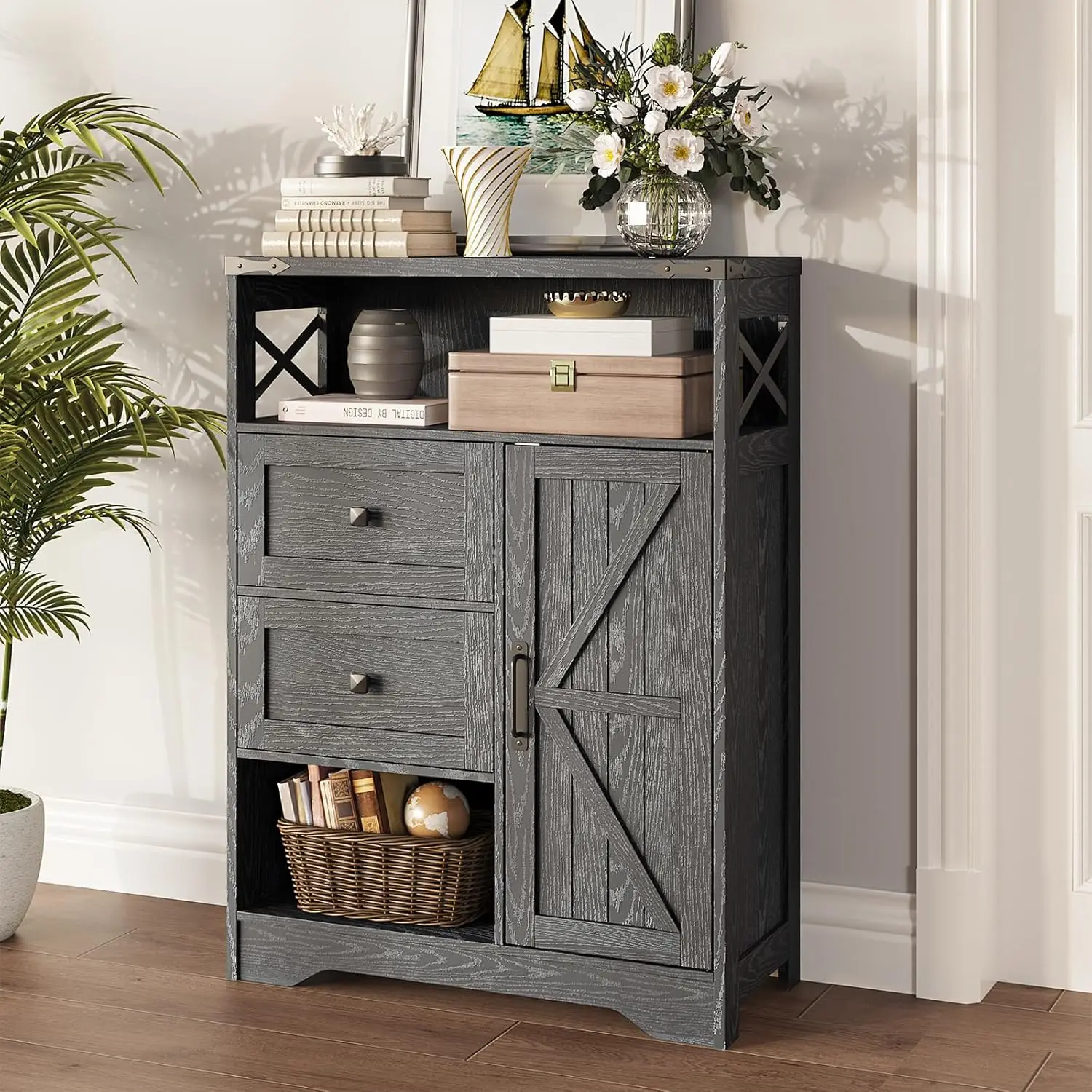 

Farmhouse Storage Cabinet with Drawers&Shelves,Freestanding Cabinet with Doors&Open Storage,Floor Cabinet for Living Room