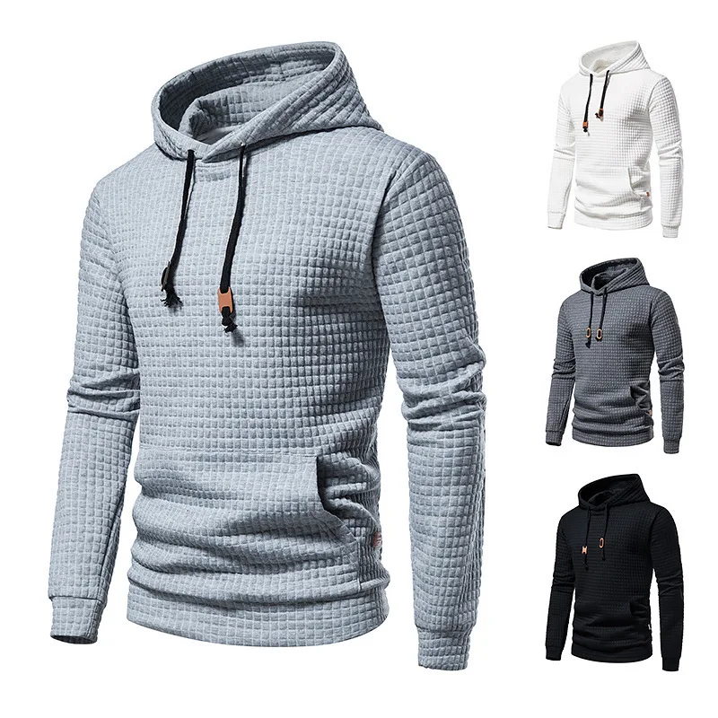 

Autumn and winter men's long sleeved casual pullover jacquard hoodie plaid fitness running sports hooded jacket