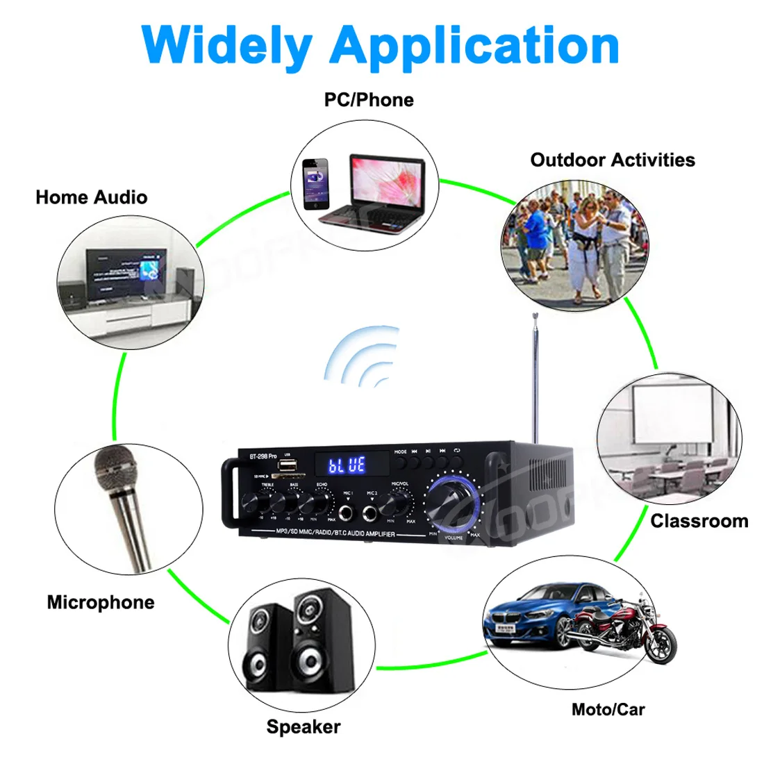Усилитель Woopker Bt 298 Pro для домашнего кинотеатра, усилитель для караоке, двухканальный стерео Bluetooth 5,0, максимум 800 Вт RMS 45 Вт + 45 Вт