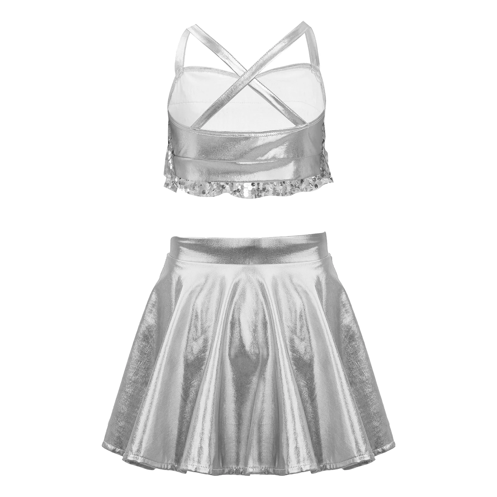 ชุดเต้นรำแจ๊สละตินสำหรับเด็กผู้หญิง 2 ชิ้น ประดับเลื่อม ชุดเสื้อครอปเมทัลลิกพร้อมกระโปรงจีบ ชุดแสดงบัลเลต์และบอลรูม