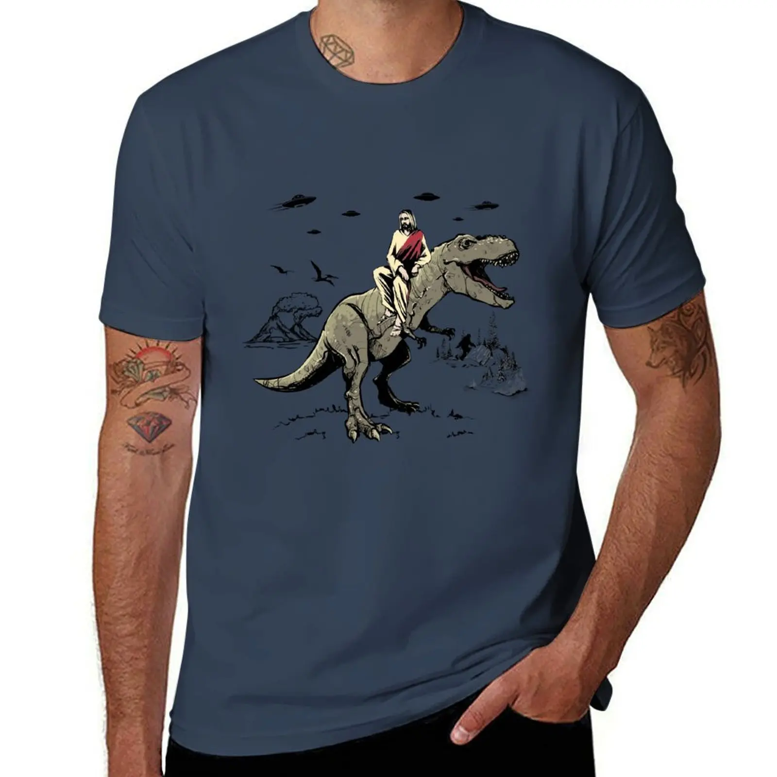 

Dinosaur on Jesus Riding Jesus Dinosaur a T-Shirt Gym Exercise Short Sleeve T-Shirt