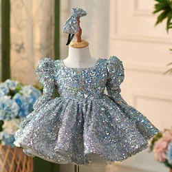Jill Wish J309 parkling Silver Knee Length Girl Dress with Long Sleeve Princess Child Birthday Wedding Party Pageant Ball Gown