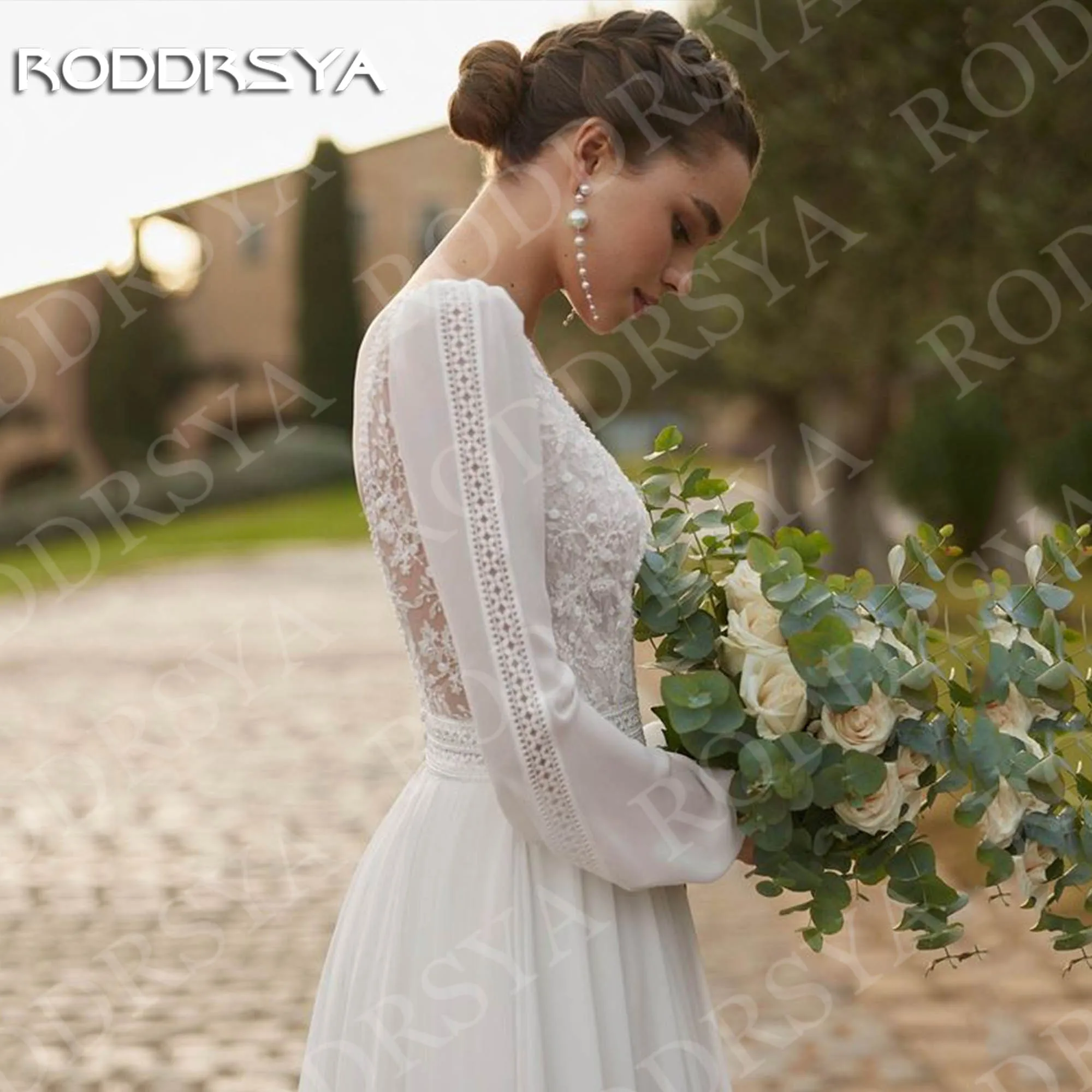 RODDRSYA بوهو فستان الزفاف كم طويل ألف خط أنيق الدانتيل الخامس الرقبة عالية الشق الشيفون فساتين زفاف مخصصة فيستدو دي نوفيا بوهو فستان الزفاف الأكمام الطويل خط أنيق الدانتيل V الرقبة عالية الشق شيفون فساتين العراس مخصصة