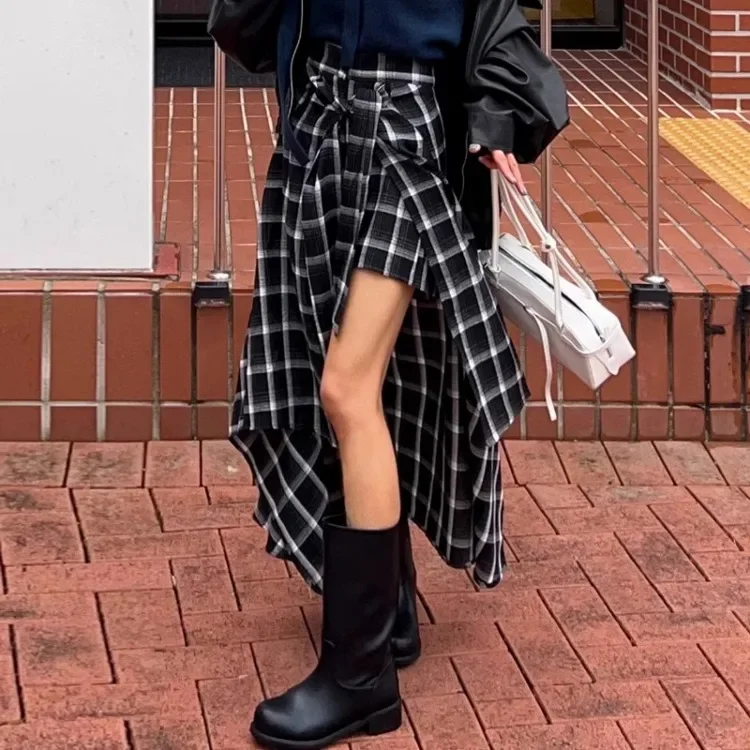 Fashion Vinage Black Plaid Skirts Y2k E-Girl High Waist Lace Uo Skirt for Women 2025 New Irregular All-match Faldas Mujer