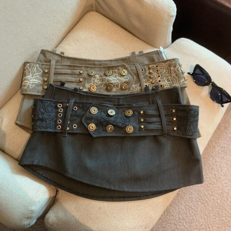 American Retro Design Sense Embroidery Rivet Mini Skirt Female Summer Low Waist Irregular Skirt