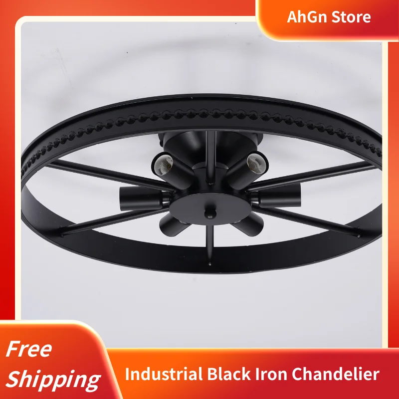 

Потолочный светильник с 6 лампами, промышленная люстра из черного железа, 18,1 дюйма, круглая, для спальни, кухни, ванной комнаты