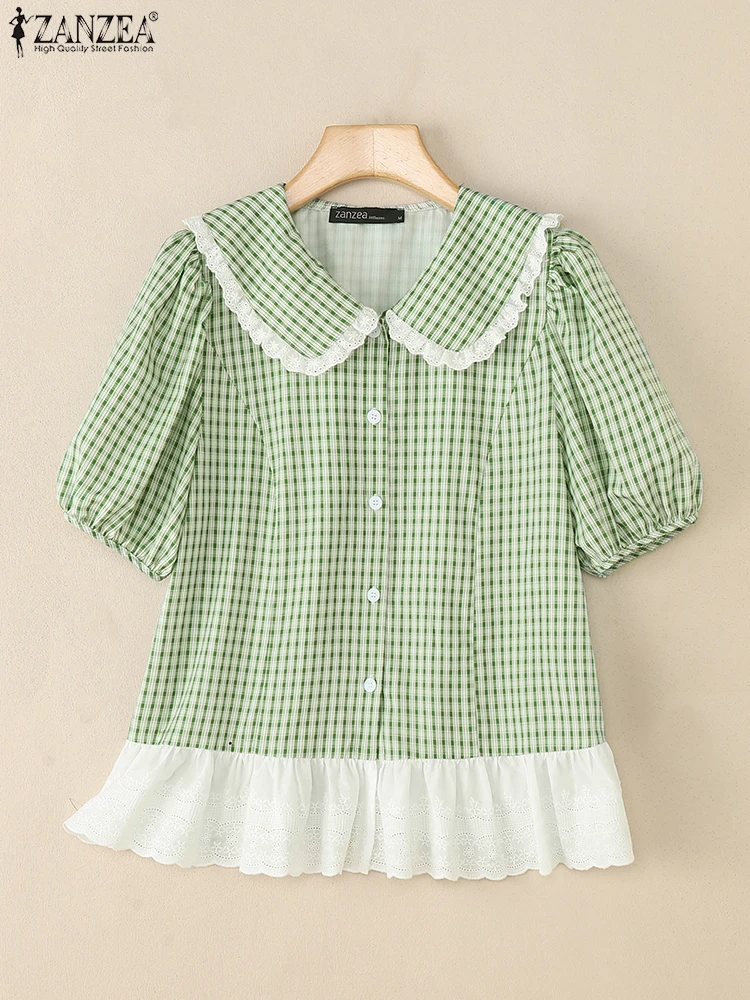 ZANZEA, blusa elegante de manga corta abombada, camisas de verano para mujer, camisa elegante con cuello de solapa, camisa de retazos para mujer, Tops de trabajo OL de gran tamaño