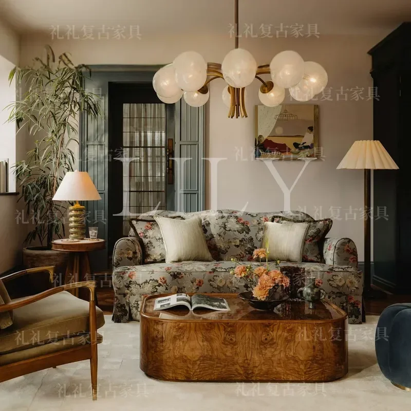 Retro Printed Fabric Sofa with Pleated Skirt Solid Wood Frame Single Chair for Living Room Bedroom
