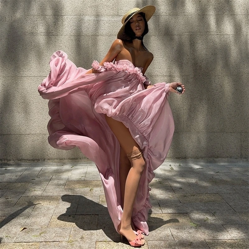 Alta baixa rosa verão vestidos de férias sem alças babados cetim vestidos de aniversário para sessões de fotos sexy vestido formal feminino festa wear