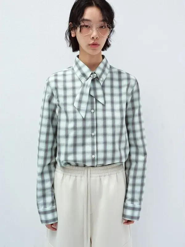 

Fashionable Small Size Shirt Tie Detail Black Label New Arrival September Casual Style Cotton Long Sleeve Women's Shirt