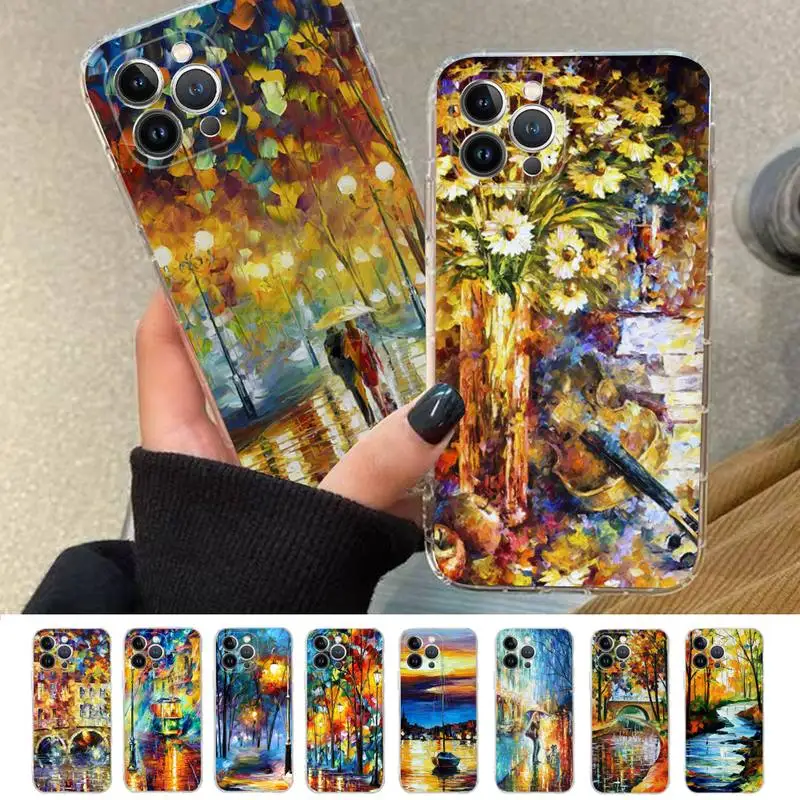 FHNBLJLeonid Afremov Oil Painting Phone Case For iPhone 11 12 13 14 Mini Pro Max XR X XS TPU Clear Case For 8 7 6 Plus SE 2020