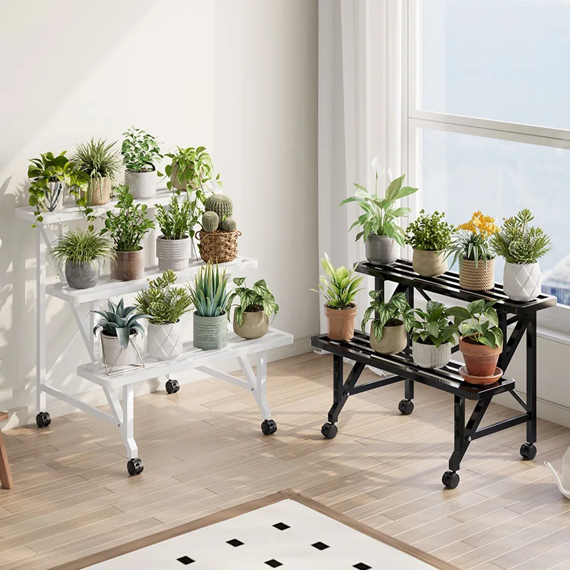 

Stepped step flower stand Balcony Floor to ceiling courtyard iron multi-layer flower stand Movable outdoor rack with whe