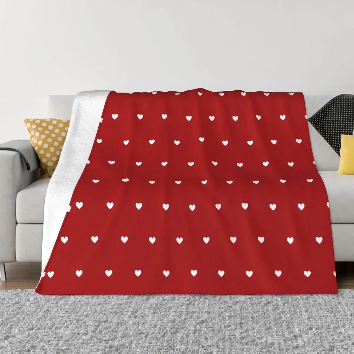 White Hearts Pattern On Red Background Blankets Flannel Winter Multi-function Throw Blankets for Bedding Office Bedding Throws