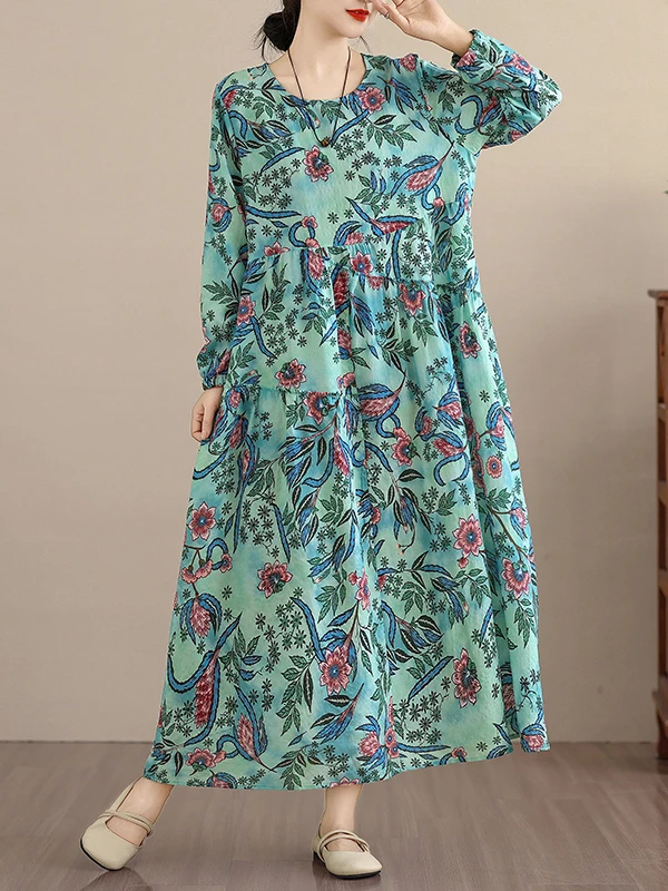 กระโปรงยาวทรงหลวมพิมพ์ลายศิลปะย้อนยุคสำหรับผู้หญิง ฤดูใบไม้ผลิ ฤดูใบไม้ร่วง ผ้าฝ้ายลินิน แต่งลูกไม้ลายดอกไม้