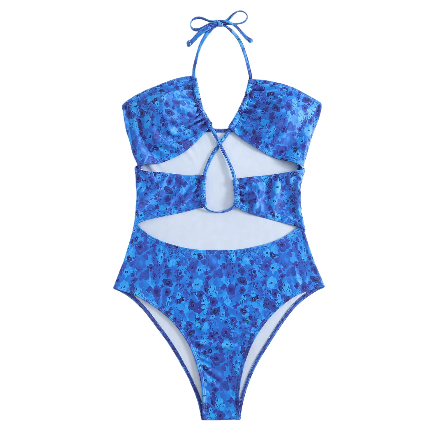 Maillot de bain une pièce à fleurs bleues pour femmes, Sexy, croisé, col licou, découpe, contrôle du ventre, Monokini, réglable, pour la plage