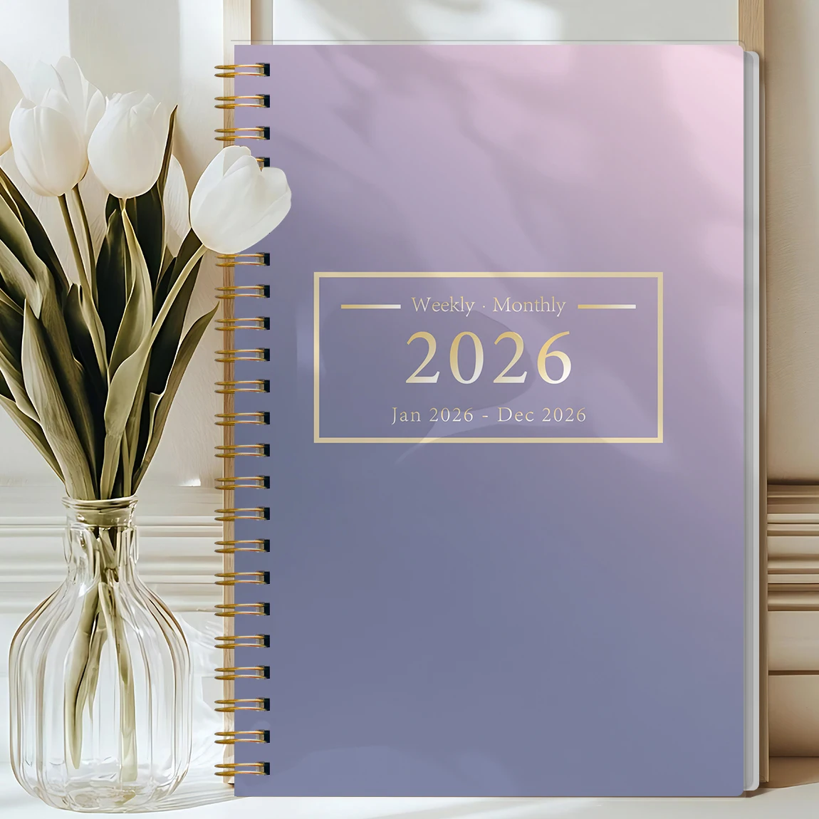 مخطط شهري A5 لعام 2026، غطاء أرجواني بسيط، جدول أعمال أكاديمي مع ملاحظات وقائمة للقيام، مثالي للإنتاجية وإدارة الوقت