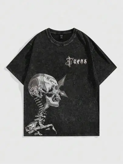 Street Personality Washed Man Skull Printing Short Sleeve T-shirt Is Comfortable Leisure Loose Coat Restoring Ancient Ways