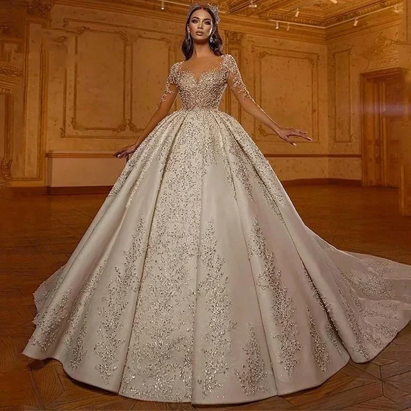 

Customized Luxury Long Sleeve Wedding Dresses Sparkly Sequins Pearls Bridal Dress Appliques Long Bride Robe Vestido De Novia