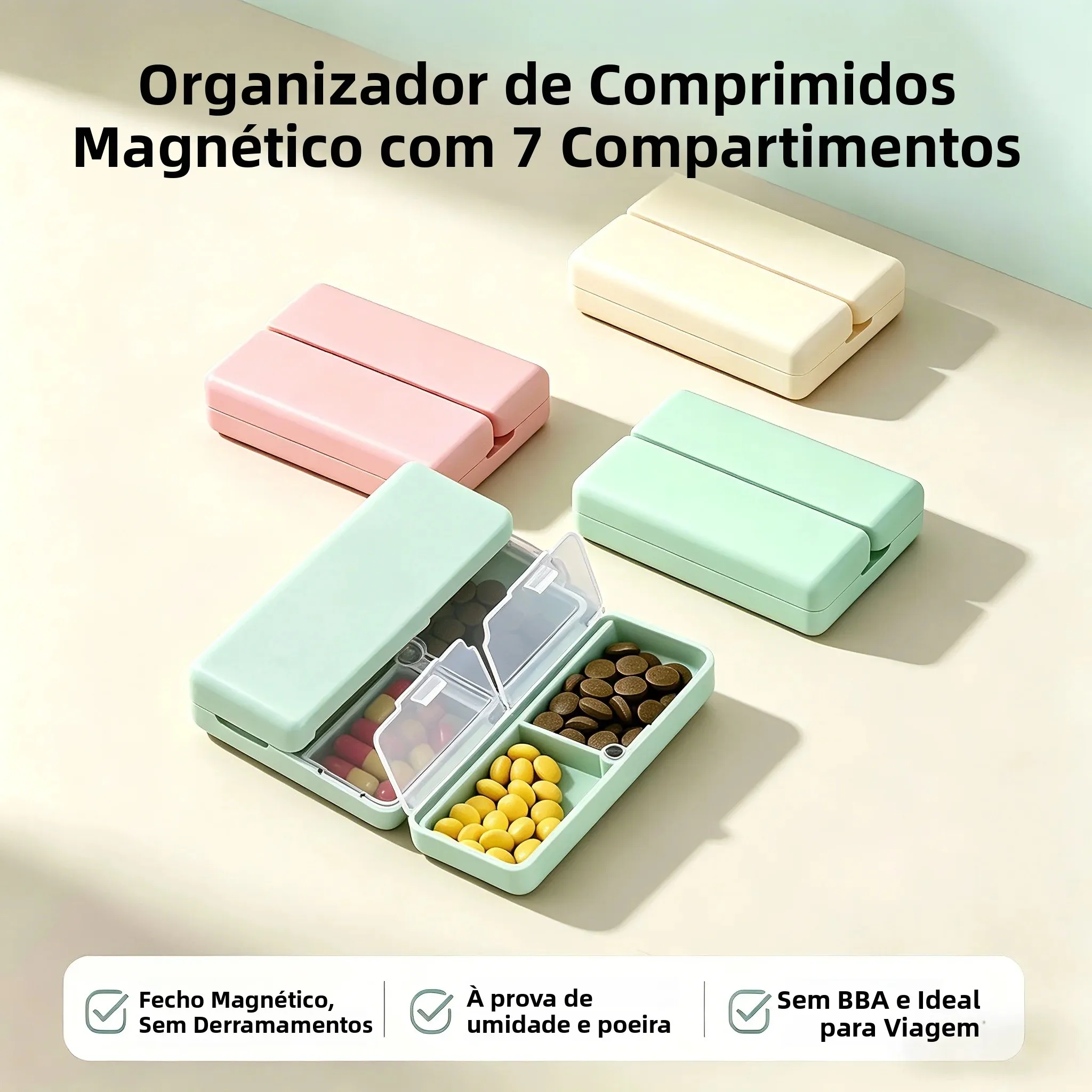 Organizador de 7 Compartimentos em Palha de Trigo para Tablets, Caixa de Remédios de Viagem com Anel de Vedação, Pequena Caixa de Armazenamento de Medicamentos