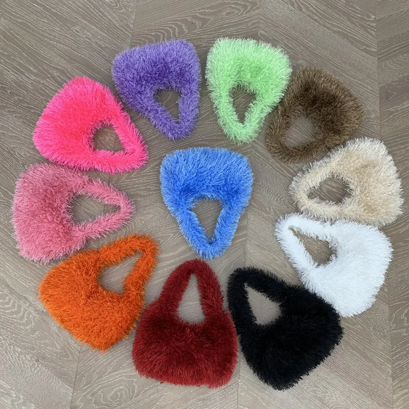 Candy Color Women\'s Soft Plush Shoulder Bags Winter Faux Fur Ladies Hobos Purse Handbags Female Fluffy Underarm Bag Small Tote