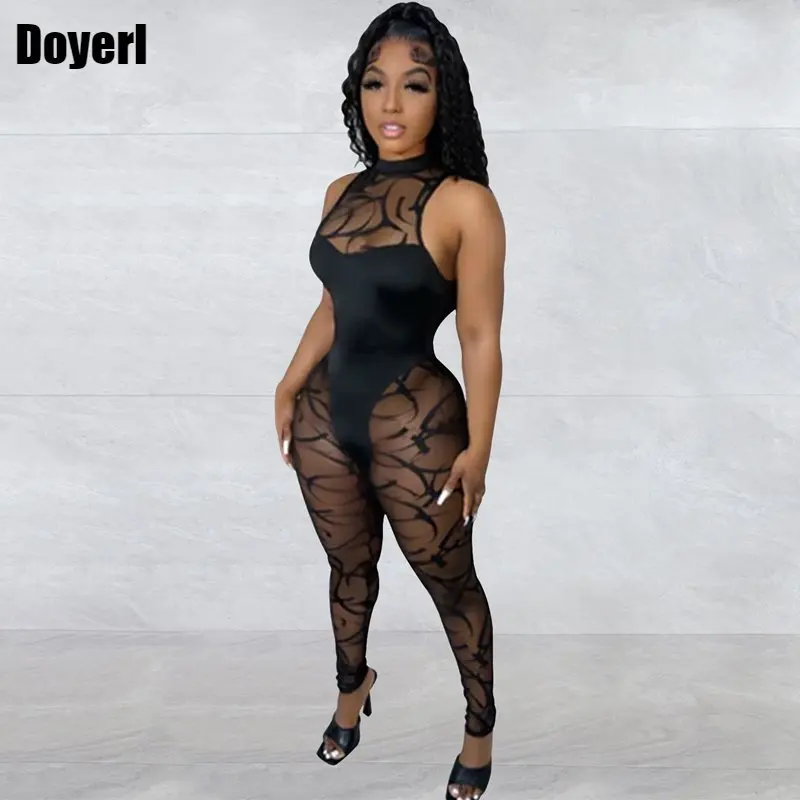 

Patchwork Sheer Bodycon Mesh Jumpsuit for Women Black Sexy See Through Tight Bandage Jumpsuit Ladies One Pieces Club Outfits