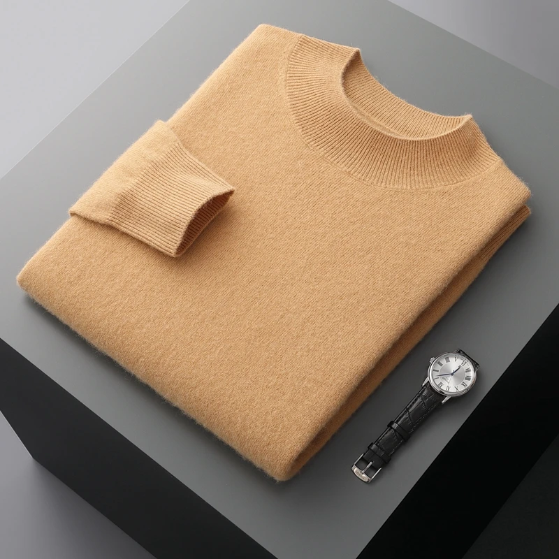 100% suéter de cachemira pura para hombre, jersey de Color sólido con cuello medio alto, abrigo interior de punto nuevo a la moda, manga larga para otoño e invierno