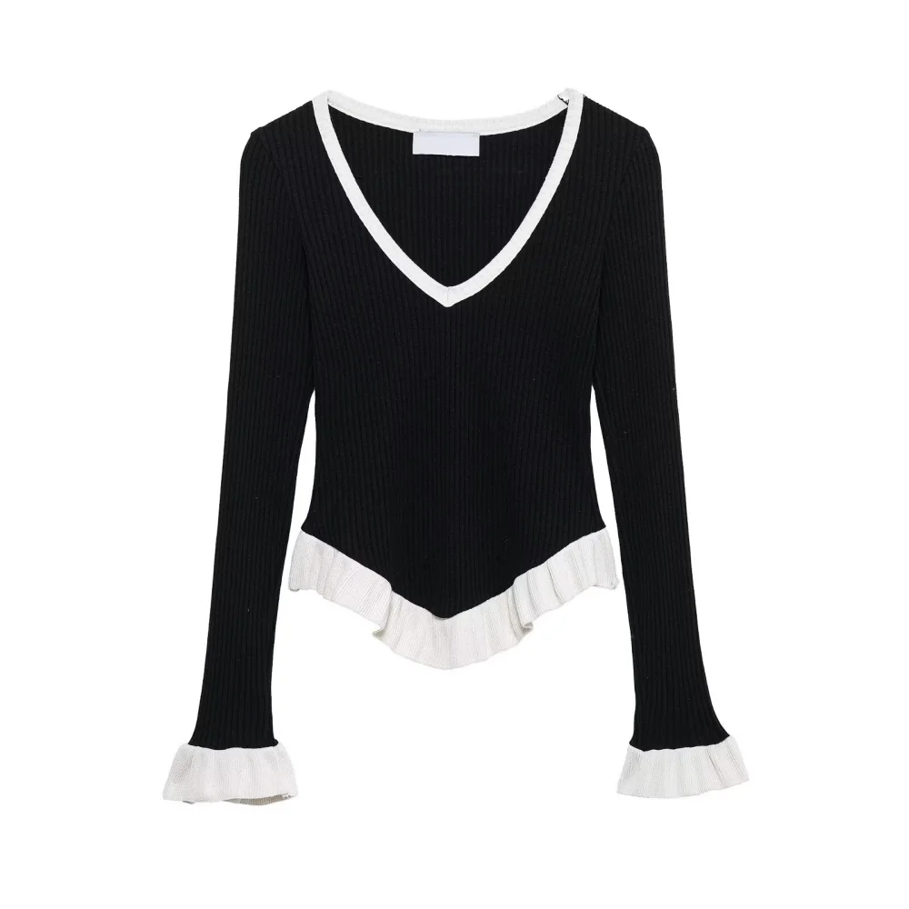 

2025 BM&MD&ZA Women's Long - sleeve Top V - neck with Contrast Trim and Ruffled Hem and Cuffs Ribbed Fabric for Style