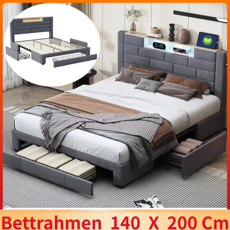 Adult bed 140 x 200 cm with 3 drawers, Double bed,Headboard with LED lighting and USB Type C socket, slatted base, velvet fabric