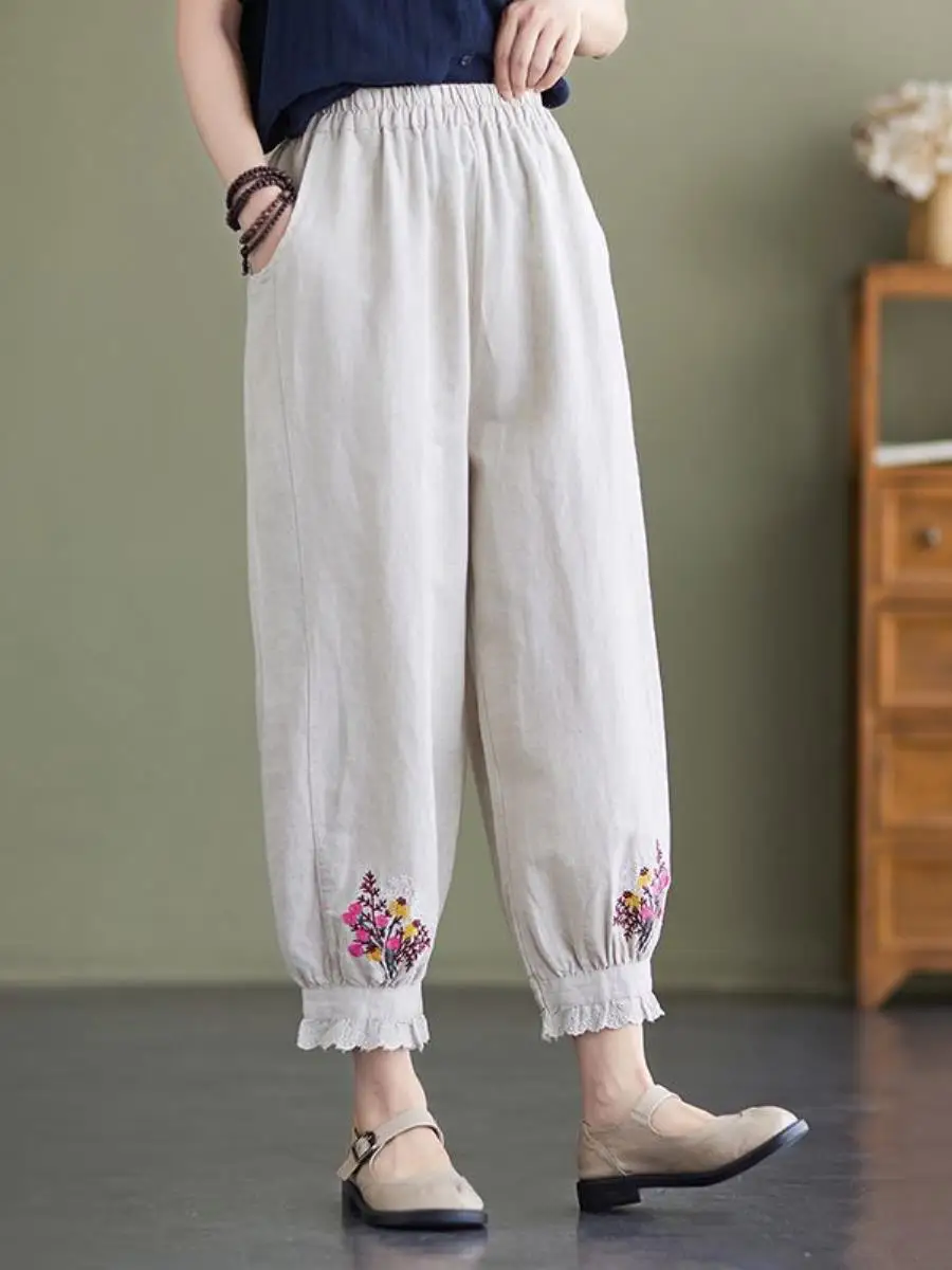 

Casual Cotton Linen Embroidered Lantern Pants Women's Spring Summer Thin Elastic Waist Harem Pants Style Simple Trendy Nine P...