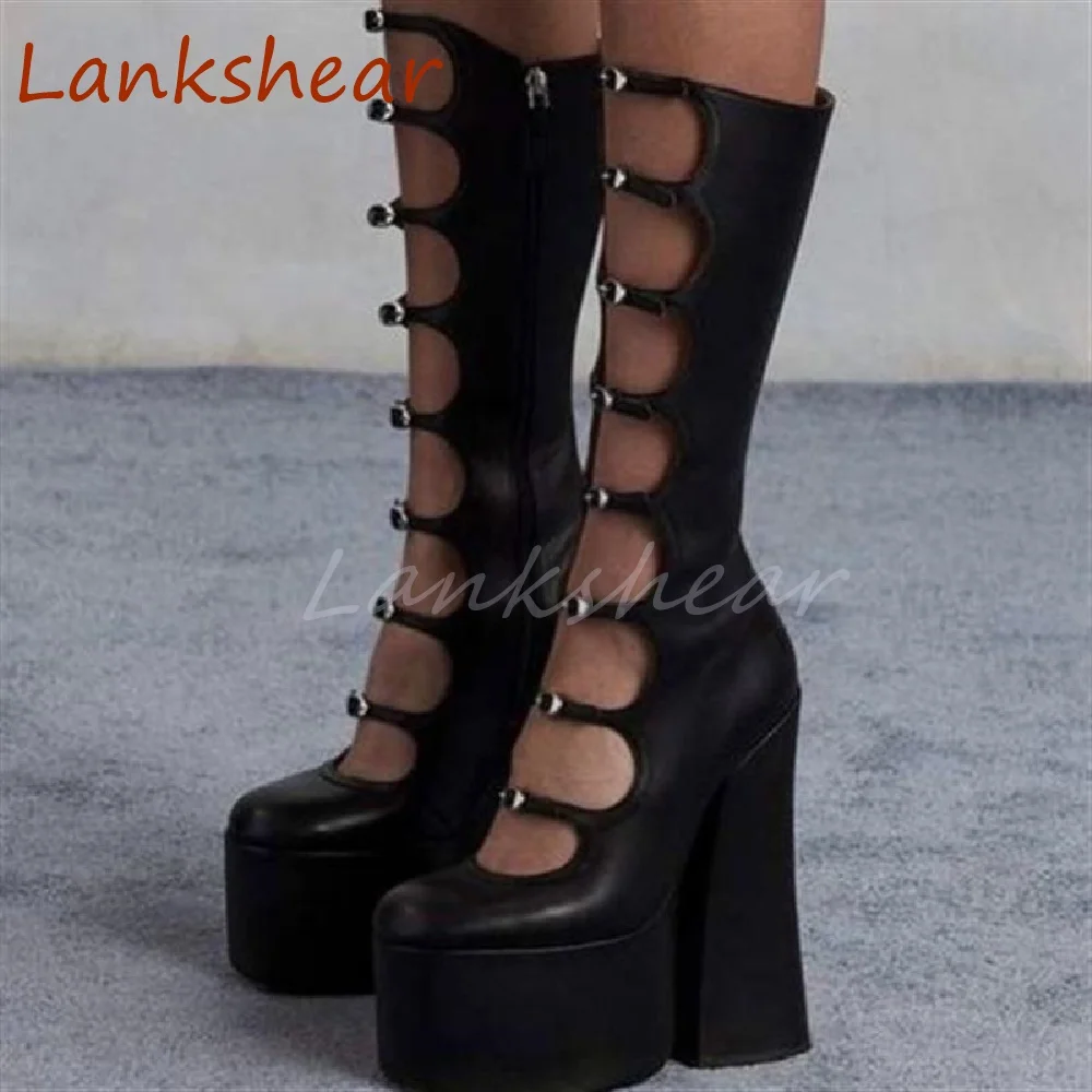 Platform Square Toe Women Boots Knee High Hollow Belt Buckle Square Heel Thick Sole Runway Show Fashion Sexy Party Women Shoes