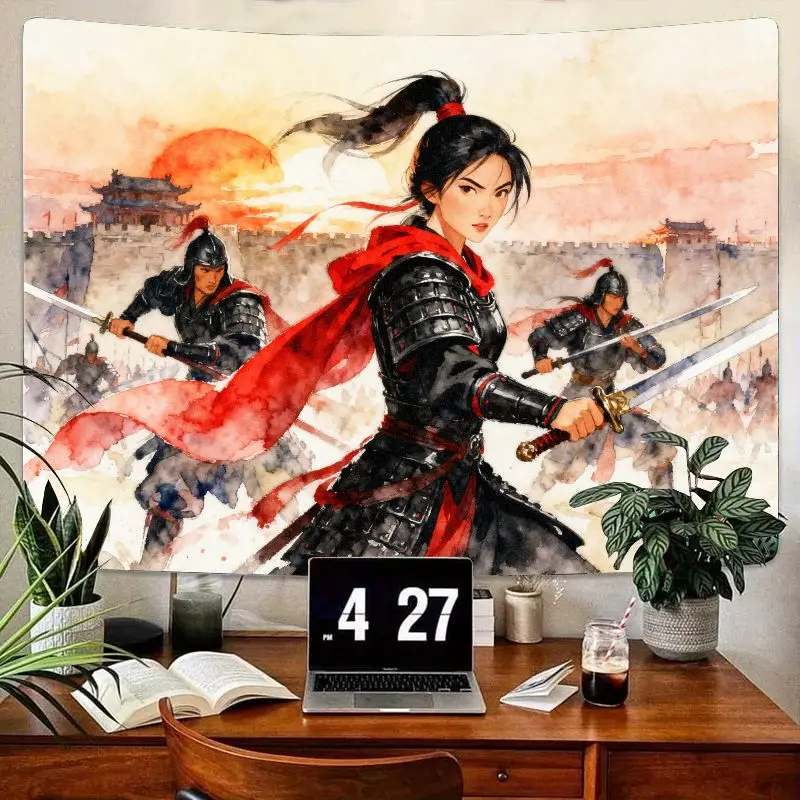 

1PC Chinese Warrior Woman Tapestry, Epic Red Black Ancient Soldier Wall Art, Sunset Castle Polyester Home Decor for Living Room