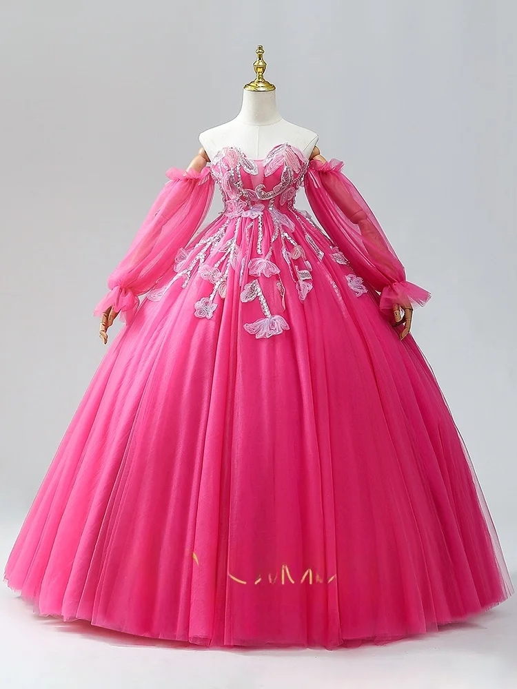 

New Pink Evening Gown Puffy Skirt Beautiful Voice Stage Solo Art Exam Performance Adult Ceremony Evening Gown Sweet Sle mid...