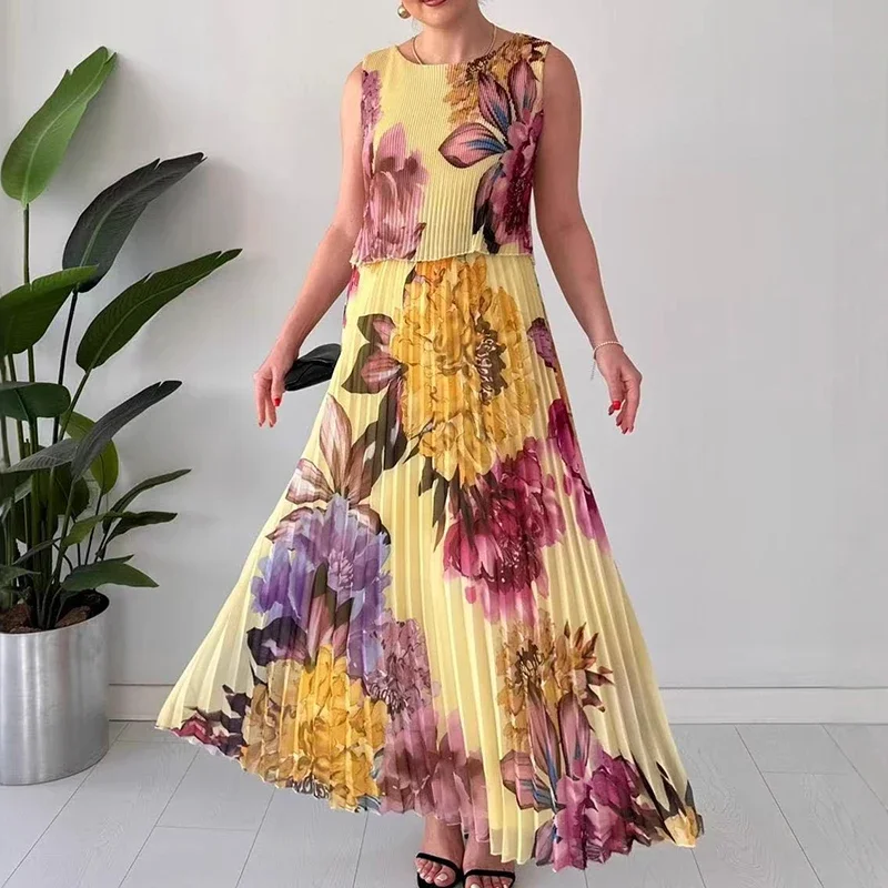 Vestido de fiesta Bohe drapeado con cuello redondo para mujer, vestido Sexy sin mangas de cintura alta, vestido Maxi suelto, Jersey elegante, vestido de vacaciones