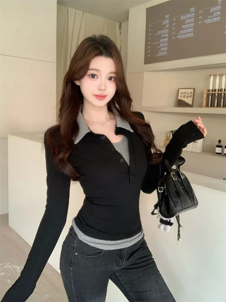 

Korean Style Color Block Neck T-Shirt Women's Slim Fit Fashionable Spring New Design Unique Top Ladies Knittedwear